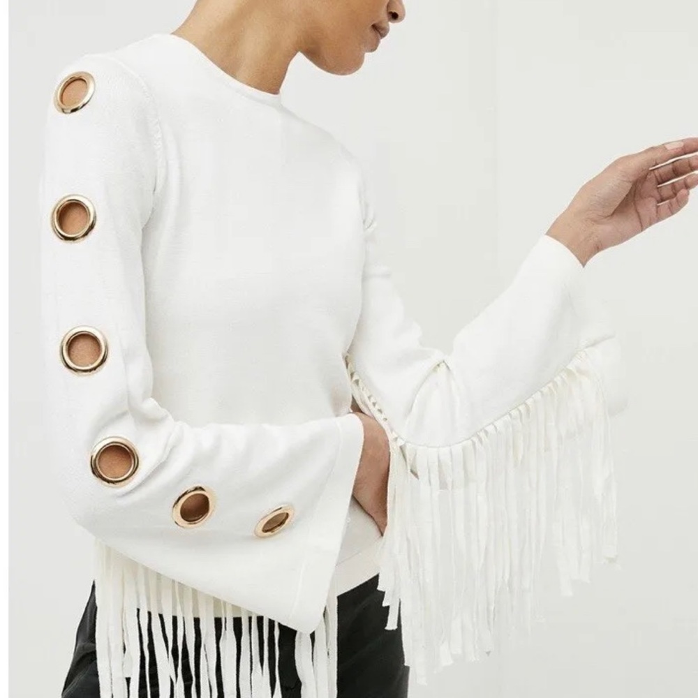 Karen Millen Ivory Sweater fringe eyelets NWOT sz L